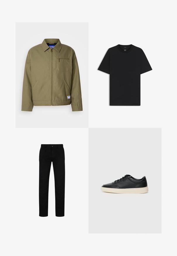 Olivgrüne Jacke mit einem Reißverschluss, spitzem Kragen, einer Brusttasche, Seitentaschen und einem blauen Markenetikett am Saum.; Schwarz T-Shirt mit kurzen Ärmeln aus einem glatten Baumwollmix, mit Rundhalsausschnitt und einem minimalistischen Design ohne Muster oder Akzente.; Schwarze Baumwollhosen mit geradem Schnitt, featuring einen Knopfverschluss, Gürtelschlaufen und minimalistischem Design. Glatte Textur, ohne Muster.; Schwarzer niedriger Ledersneaker mit schwarzen Schnürsenkeln und cremefarbenem Sohlenrand, seitlich auf weißem Hintergrund dargestellt.