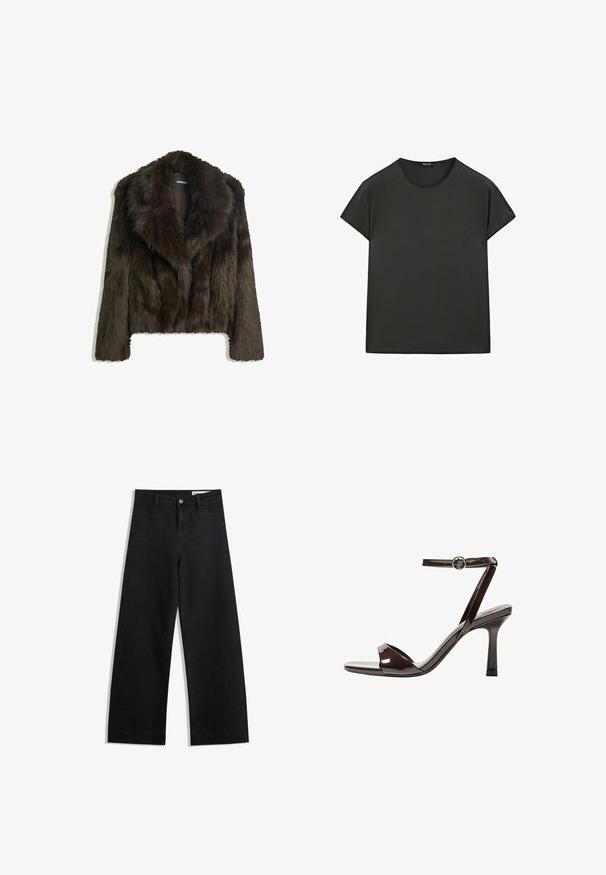 Hnědá umělá kožešinová bunda s šálovým límcem a zkráceným střihem. Má jemný, texturovaný povrch a je plně podšita.; Černé tričko s krátkým rukávem vyrobené z měkké látky, s kulatým výstřihem a volným střihem, s čistými, jednoduchými liniemi a bez vzorů.; Černé denimové kalhoty s volným střihem a vysokým pasem, vybavené předními a zadními kapsami, prošívanými švy a knoflíkovým zapínáním. Hladká textura.; Hnědé lakované kožené sandály na vysokém podpatku s páskem kolem kotníku, otevřenou špičkou a elegantním, minimalistickým designem. Obsahují čtvercový podpatek.