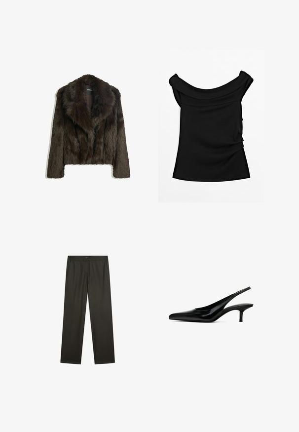 Hnědá umělá kožešinová bunda s šálovým límcem a zkráceným střihem. Má jemný, texturovaný povrch a je plně podšita.; Černý bezrukávový top s širokým lodičkovým výstřihem a mírně drapovaným detailem na jedné straně, vystavený na bílém pozadí.; Tmavě zelené široké kalhoty s hladkým povrchem, elastickým pasem a bočními kapsami. Jednoduchý design bez viditelných vzorů nebo kovových prvků.; Černý špičatý slingback s lesklou koženou povrchovou úpravou a tenkým, nízkým podpatkem. Obsahuje výřez na boku pro prodyšnost.