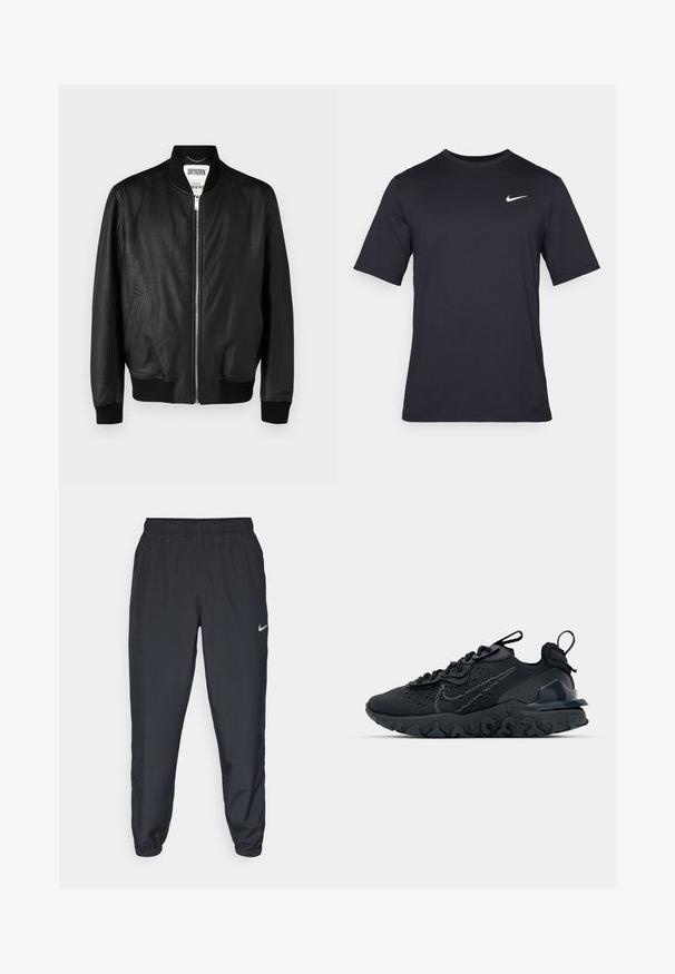 Schwarze Lederbomberjacke mit gerippten Bündchen und Saum, Reißverschluss vorne, Seitentaschen und einer glatten, leicht glänzenden Textur.; Schwarzes, kurzärmliges Nike-T-Shirt aus glattem Material, mit einem weißen Swoosh-Logo auf der oberen linken Seite und Rundhalsausschnitt.; Schwarze Trainingshose aus einem leichten Stoff mit elastischem Bund, Knöchelabschlüssen und einem dezenten Nike-Logo auf der linken Seite.; Schwarzer Sportschuh mit atmungsaktivem Mesh-Obermaterial, strukturierten Akzenten und einer wellenförmigen Gummisohle. Verfügt über ein reflektierendes Logo und ein Schnürsystem.