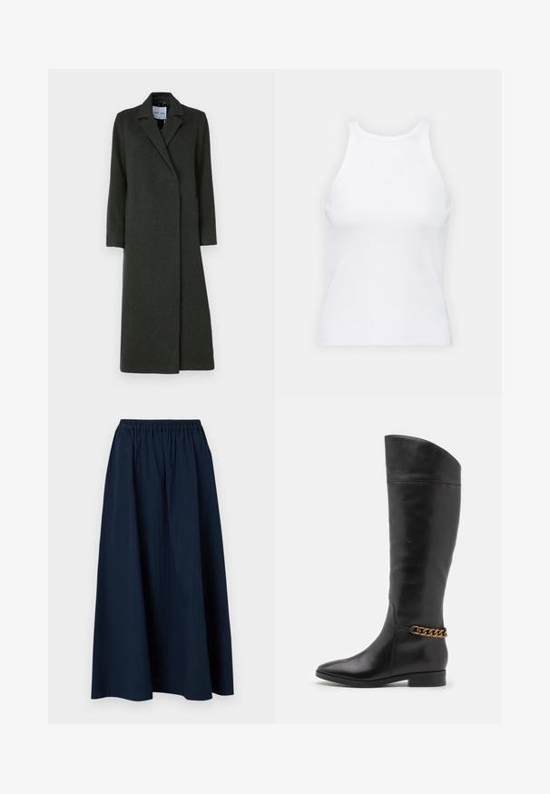 Lang, mørkegrøn kåbe lavet af uld med en spids krave, enkeltknappet design og sidelommer; glat tekstur.; Hvid ærmeløs tanktop lavet af ribbet stof, med en rund halsudskæring og en tætsiddende silhuet, med minimale sømme og ingen pynt.; Mørkeblå, lang nederdel lavet af tekstureret stof med elastisk talje og subtile lodrette striber.; Høje sorte læderstøvler med et slankt design, spids tå og en guld kædeaccent ved anklen. Lav blokhæl. Glat overflade.