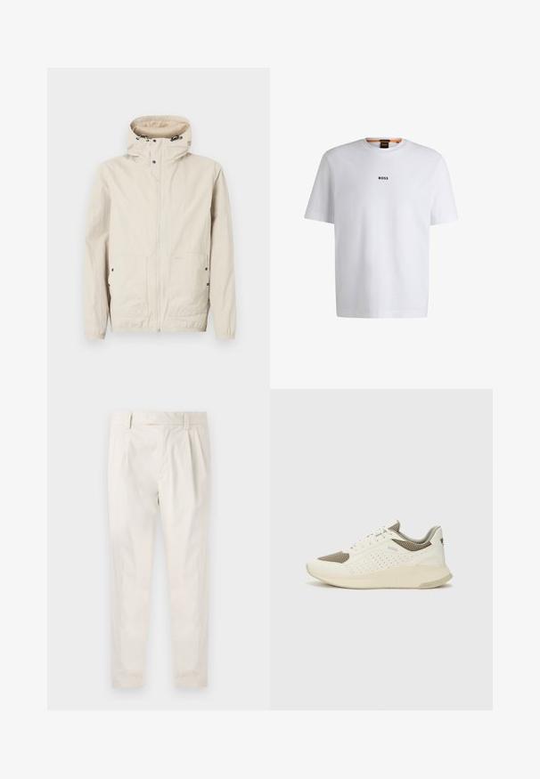 Light beige jacket with a hood, front zipper closure, and two pocket design. Made from a textured fabric. Features black hardware accents.; White cotton T-shirt with short sleeves, featuring a black "BOSS" logo centered on the chest and a round neck design.; White, pleated trousers with a tailored fit, featuring a smooth texture, belt loops, and tapered legs. No visible pockets or patterns.; White and light beige athletic sneaker, featuring a mesh upper, perforated detailing, and a textured midsole with branding on the heel.