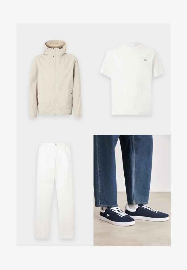 Lichtbeige jasje met capuchon, voorkant met ritssluiting en een ontwerp met twee zakken. Gemaakt van een gestructureerde stof. Voorzien van zwarte hardware details.; Witte katoenen t-shirt met korte mouwen, voorzien van een subtiel geborduurd logo en een minimalistisch ontwerp. Zachte textuur, ronde hals.; Witte broeken gemaakt van een gladde stof, met een recht model, voorplooien en een enkele knoopsluiting bij de taille.; Blauwe canvas sneakers met witte veters en rubberen zolen, weergegeven met denim broek en grijze geribbelde sokken, op een lichtgrijze ondergrond.