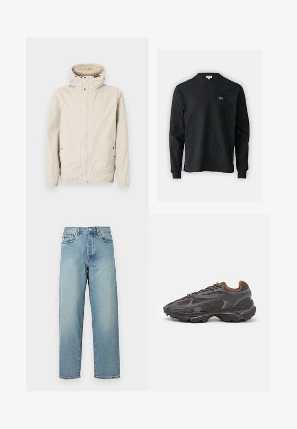 Jasnofioletowa kurtka z kapturem, z zamkiem błyskawicznym z przodu oraz dwoma kieszeniami. Wykonana z fakturowanej tkaniny. Posiada czarne akcenty z metalowych elementów.; Czarna koszulka z długim rękawem, wykonana z bawełny, z okrągłym dekoltem i małym haftowanym logo krokodyla w kolorze zielonym po lewej stronie klatki piersiowej.; Jasnoniebieskie dżinsy o luźnym kroju, proste nogawki, pięć kieszeni i zapięcie na guzik w talii. Minimalistyczne detale w szwie.; Sneakers Lacoste w ciemnoszarym kolorze, wykonane z siateczki i materiału syntetycznego, z teksturowaną podeszwą oraz brązowymi akcentami na kołnierzu i logotypie.