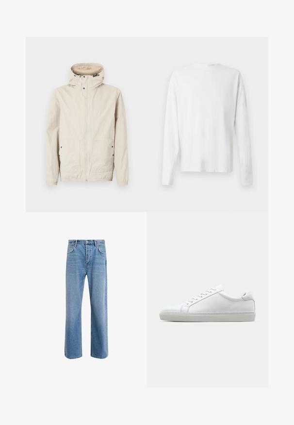 Light beige jacket with a hood, front zipper closure, and two pocket design. Made from a textured fabric. Features black hardware accents.; Long-sleeved white cotton shirt with a round neckline, side slits at the bottom, and a smooth texture, displayed from the back.; Light blue denim jeans with a straight-leg design, five pockets, button closure, minimal fading, and contrasting stitching details.; White sneaker with a smooth leather upper and a low profile. Features a rounded toe, six eyelets, and a textured rubber sole.