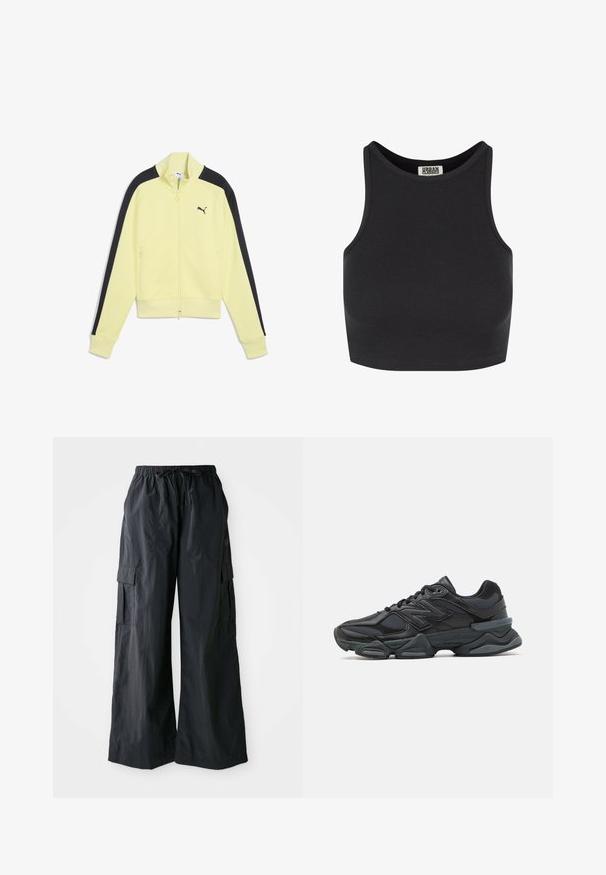 Gelbe Zip-Jacke mit schwarzen Seitenakzenten, gerippten Bündchen und einem kleinen schwarzen Logo auf der linken Brust. Verfügt über zwei vordere Reißverschlusstaschen.; Schwarzes, geripptes Crop-Top mit ärmellosem Design. Verfügt über einen runden Halsausschnitt und eine glatte Textur. Etikett im Nacken sichtbar.; Schwarze Cargo-Hosen aus leichtem Material, mit weitem Bein-Design, elastischem Bund und mehreren Seitentaschen. Einfach und funktional.; Schwarzer Laufschuh mit einer Mischung aus Mesh- und sinthetischen Materialien, dicke Sohle, geschwungenes Design und auffälliger Markenkennzeichnung an der Seite.