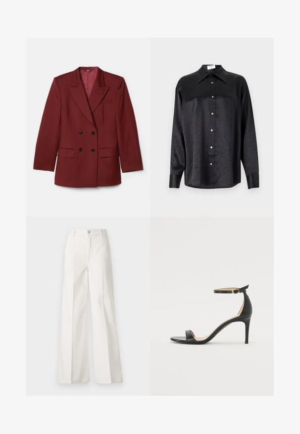 Divkāršā burgundijas krāsas žakete, izgatavota no vilnas maisījuma. Ar izcilajām atloks, divām priekšējām kabatām un melniem pogām. Iekšējā odere ar vienkrāsainu audumu.; Melnas garām piedurknēm krekls ar apdari, kas piedāvā samocītu tekstūru, pilnu pogu priekšpusi un aproces. Izgatavots no gludas auduma.; Baltas platfita bikses, izgatavotas no kokvilnas ar gludu tekstūru. Aprīkotas ar priekšējo pogu, rāvējslēdzēju un četru kabatu dizainu.; Melnas ādas augstpapēžu sandales ar potītes siksniņu. Iezīmes gluda tekstūra, atvērta purngala un plāna papēža. Zelta krāsas sprādzes detaļa.