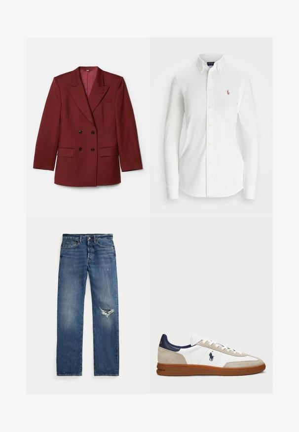 Double-breasted burgundy blazer made of wool blend. Features peak lapels, two front pockets, and black buttons. Lined with solid fabric.; White long-sleeve button-up shirt with a pointed collar, made of cotton. Features a small embroidered logo on the left chest.; Blue denim jeans with a mid-rise waist, five pockets, and a frayed rip on the right knee.; White and beige sneakers with a suede and leather upper, navy accents, and a brown rubber sole. Features logo on the side and lace-up design.