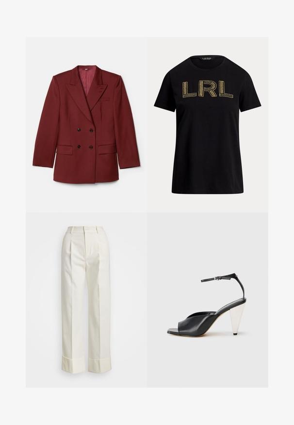 Double-breasted burgundy blazer made of wool blend. Features peak lapels, two front pockets, and black buttons. Lined with solid fabric.; Black cotton t-shirt with short sleeves featuring gold embroidered "LRL" text on the front. Round neckline, relaxed fit, smooth texture.; White tailored pants featuring a high waist, double front pleats, and wide legs with folded cuffs. Made from a smooth, textured fabric.; Black leather high heel sandal with open toe, asymmetrical design, ankle strap, and a metallic cone-shaped heel. Smooth texture throughout.