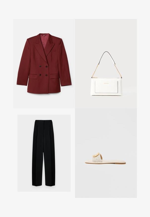 Double-breasted burgundy blazer made of wool blend. Features peak lapels, two front pockets, and black buttons. Lined with solid fabric.; Cropped white t-shirt made of soft fabric, featuring short sleeves, a round neckline, and ribbed hem details. Simple and unembellished design.; Black wide-leg trousers with a high waist, featuring pleats and a smooth texture. The fabric appears lightweight and drapes elegantly.; Slide sandal featuring a beige strap with a geometric pattern, a rounded yellow accent on the upper, and a flat, light sole.; White leather handbag with a textured finish, featuring a gold chain strap and black accents. Includes a front pocket and zipper closure.