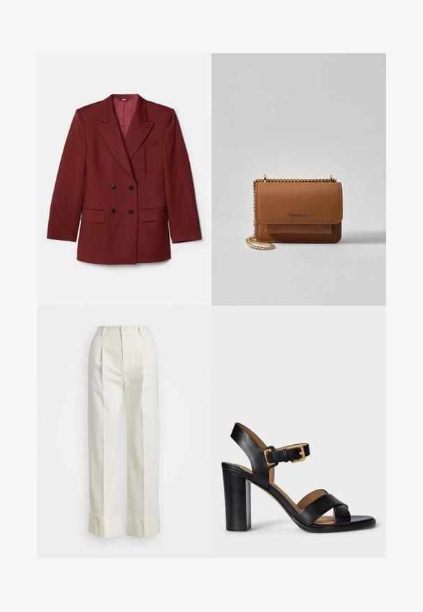 Burgundy, gyapjú keverékből készült, kétsoros blézer. Csúcsos hajtókái vannak, két elülső zsebe, és fekete gombok. Egyszínű béléssel rendelkezik.; Fehér ujjatlan pulóver sima pamutból, bordás szegéllyel és kis sötétkék logóval a bal alsó részen. Egyszerű dizájn, minta nélkül.; Fehér, szabott nadrág magas derékkal, dupla elülső redőkkel és széles lábakkal, hajtogatott szegésekkel. Simító, textúrált anyagból készült.; Fekete bőr, magas sarkú szandál, keresztbe futó pánttal és csattal. Jellemzője a vastag sarok és a sima textúra.; Barna textúrájú bőr keresztbody táska arany lánc pánttal és fedélzárral. Az elején logó részlet és egy zseb található a fedél alatt.