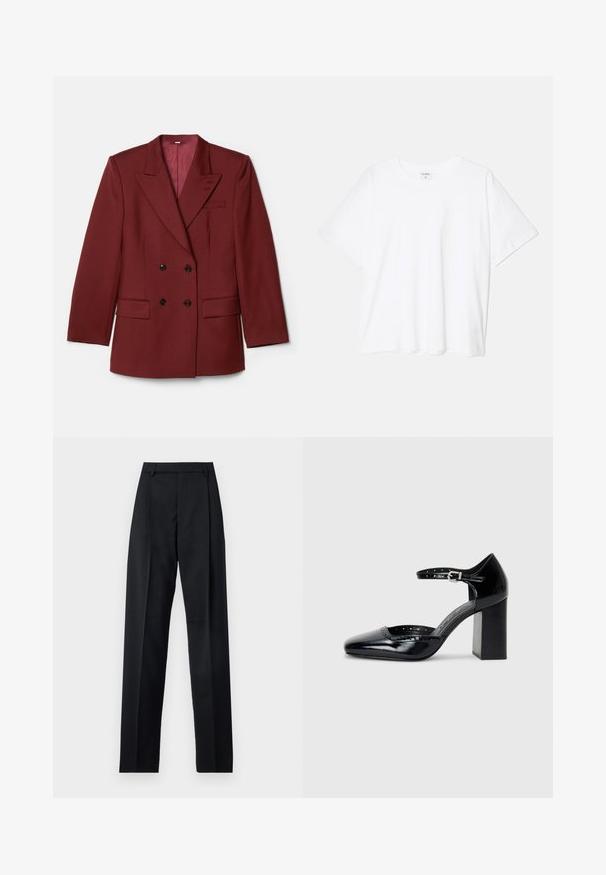 Sacou bordeaux, cu două rânduri de butoni, confecționat dintr-un amestec de lână. Dispune de rever în vârf, două buzunare frontale și butoane negre. Captusit cu țesătură solidă.; Tricou alb din bumbac, cu mâneci scurte, guler rotund, croi lejer și tiv cusut. Eticheta este vizibilă pe interiorul gulerului.; Pantaloni negri dintr-un material neted, cu talie înaltă, picioare largi, pliuri frontale și loop-uri clasice pentru curea. Fără buzunare laterale vizibile.; Pantofi cu toc înalt din piele lăcuită neagră, cu vârf pătrat, curea pentru gleznă și toc gros. Include detalii perforate de-a lungul marginii.