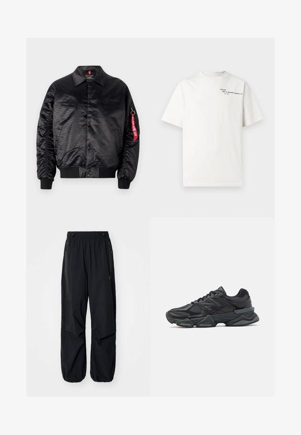 Fekete bomber dzseki sima selyemfényű felülettel, diszkrét logós mintával, bordázott mandzsettákkal és piros szövet címkével az ujjon.; Fehér pamut rövid ujjú póló környakú kivitelben, a mellkason fekete nyomtatott szöveggel: "Carhartt Work in Progress 1989."; Fekete, könnyű munkásnadrág elasztikus derékrésszel, oldalsó cipzárokkal és tágas zsebekkel. Lazán illeszkedik, és szűkülő bokákkal rendelkezik.; Fekete futócipő, mely háló és szintetikus anyagok keverékéből készült, vastag talppal, ívelt kialakítással és hangsúlyos logóval az oldalon.