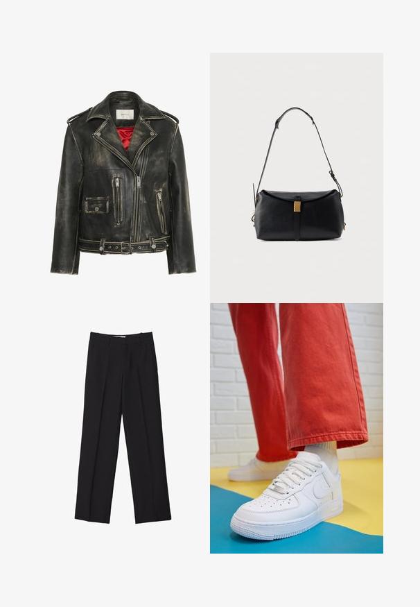 Černá opotřebovaná kožená motorkářská bunda se stříbrnými prvky, vybavená několika zipovými kapsami, páskem v pase a červenou saténovou podšívkou.; Pletený svetr v světlé béžové barvě s texturovaným kabelovým vzorem, žebrovaným výstřihem, manžetami a spodním lemem. Má volný střih a dlouhé rukávy.; Krémový rolák s dlouhým rukávem vyrobený z měkké látky, s přiléhavým límcem a jednoduchým designem, dlouhými rukávy a rovnými lemy.; Černé upravené kalhoty se střihem rovného nohavice, které mají dvojité záhyby, hladkou texturu a jemné detaily předního švu.; Bílé kožené tenisky s perforovanou špičkou, texturovanou podešví a bílými tkaničkami, v kombinaci s širokými červenými kalhotami a modro-žlutým pozadím.; Černá kožená kabelka se strukturovaným tvarem, zdobená zlatým uzávěrem a odnímatelným ramenním popruhem. Hladký povrch a minimalistický design.