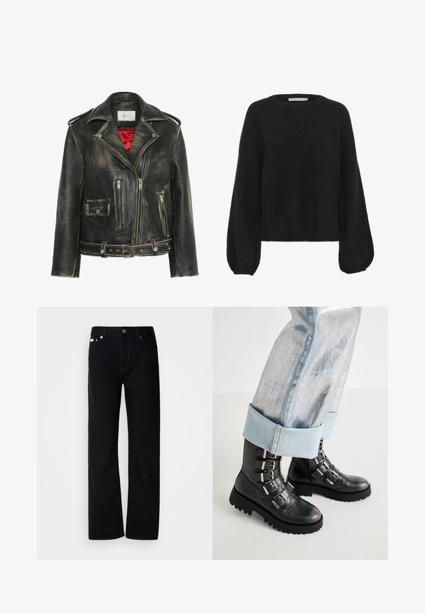 Crna kožna motoristička jakna s oštećenim izgledom, sa srebrnim dodacima, višestrukim dizajnom s patentnim zatvaračem, pojasom u struku i crvenim satenskim podstavljanjem.; Gestuz ALPHA - Vesta - black; Crne traperice ravnog kroja s pet džepova, srebrnim zakovicama i dugmetom na spratu. Tkanina ima glatku, blago teksturiranu površinu.; Crne kožne gležnjače s pet srebrnih kopči, masivnim crnim potplatom, uparene s svijetloplavim metalik trapericama koje su rollane.