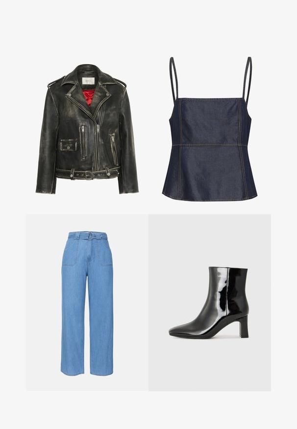 Črna raztrgana usnjena biker jakna s srebrnim okovjem, ki vključuje več zadrg, pas zřmondjo in rdečo satensko podlogo.; Temna denim brezrokavna majica s kvadratnim izrezom, kotnimi deli in vidnimi šivi. Ravna, gladka tekstura.; Svijetloplave traper široke hlače s pojasom, dva prednja džepa i jednostavnom teksturom. Ima minimalistički dizajn i čiste linije.; Črne lakirane gležnjarje z ošiljenim nosom in srednje visokim blokastim peto. Gladka tekstura in minimalističen dizajn.