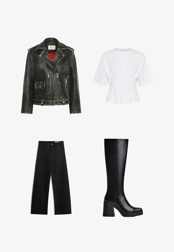 Fekete, kopott bőrből készült motoros dzseki ezüstszínű fémrészekkel, több cipzáros zsebbel, öves derékkal és vörös selyem béléssel.; Fehér, rövid ujjú felső, puha anyagból készült, kerek kivágással és deréknál gyűrődésekkel a testhez simuló megjelenés érdekében.; Fekete, bő szabású farmernadrág magas derékkal, elülső és hátsó zsebekkel, varrott felületekkel és gombos záródással. Sima textúra.; Fekete, térd fölé érő csizma texturált szintetikus anyagból, négyzetes orral, masszív, magas sarokkal és sima, elegáns felülettel.
