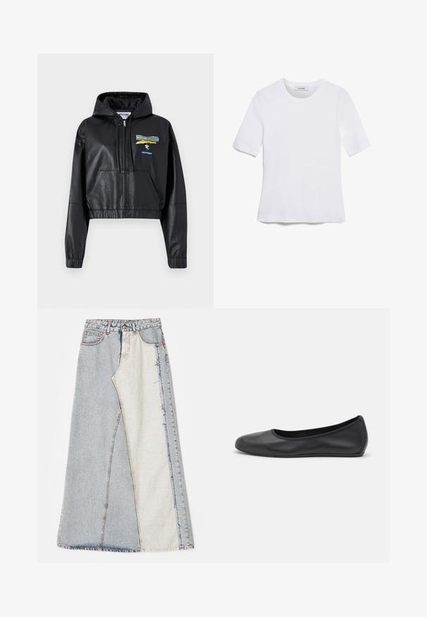 Juodas trumpas odinis švarkas su kapišonu, užtrauktuku, priekinėmis kišenėmis ir siuvinėjimais geltona ir mėlyna spalvomis. Lygus paviršius.; Balta trumpa rankovėmis marškinėliai, pagaminti iš pasiruošusio audinio. Apvali iškirptė, reguliari tinkamumas ir subtilūs siuvimo detalės. Be raštų ar grafikos.; Džinsinė sijonas su lokščių raštu, įskaitant šviesiai ir vidutiniškai mėlynus skyrius, suplėšytais kraštais ir aukšta juosmens linija. Klasikinis penkių kišenių stilius.; Juodai odiniai baletai su apvaliu pirštu, lygi texture, minimalus siuvimo detales ir lanksčiu padų dizainu.