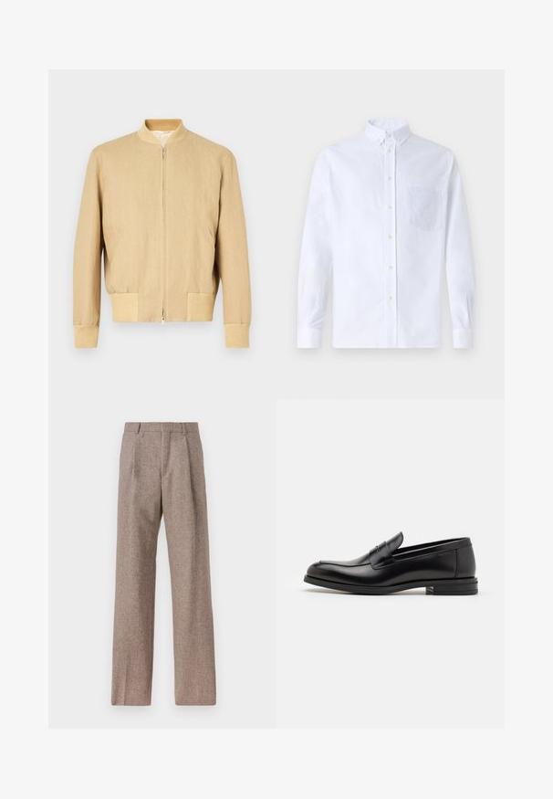 Beez bomber-jakk, mis on valmistatud kergest kangast, särab lukuga, ribakrae, randmepaelad ja kaks külgtaskut. Sujuv tekstuur.; Valge pikamaa varrukatega nööbiga särk, mis on valmistatud puuvillast ja millel on rinna tasku toon-toonis brodeeringuga, krae ja nööbiga mansetid.; Prunnid, kõrge vöökohaga püksid, mis on valmistatud tekstureeritud kangast. Omavad laiu jalgu ja kahte eesmist voldikut struktuuri jaoks. Korralik viimistlus, ilma nähtava riistvarata.; Mustad mustad nahast loafers sileda tekstuuriga, ümarat ninaosa ja dekoratiivne riba vampi üle. Madal kihiline konts, minimalistlik disain.