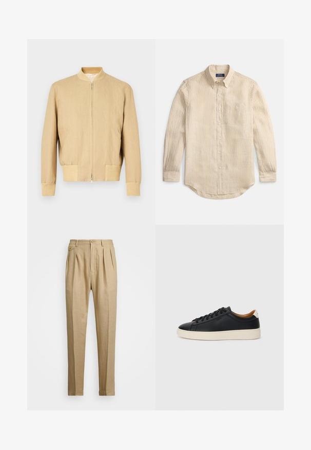 Béžová bomber bunda vyrobená z lehkého materiálu, s kontrastním zipem, žebrovaným límcem, manžetami a dvěma bočními kapsami. Hladká textura.; Béžová košile s dlouhými rukávy na knoflíky s bílými svislými pruhy, límcem na knoflíky, kapsou na prsou a štítkem "Polo Ralph Lauren" uvnitř límce.; Béžové lněné kalhoty rovného střihu, s dvěma předními sklady, zapínáním na knoflík a bočními kapsami. Strukturovaná tkanina s hladkým povrchem.; Černé kožené tenisky s hladkým povrchem, béžovou gumovou podešví, šněrovacím designem a kontrastním akcentem na patě.