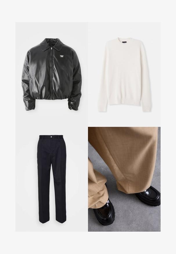 Giubbotto bomber in ecopelle nera con zip frontale, toppa del logo sul petto, orlo ed elastici alle maniche, e colletto classico su sfondo bianco.; Maglione bianco a coste con scollo rotondo e maniche lunghe. Presenta un piccolo ricamo del logo sul petto. Texture morbida, design aderente.; Pantaloni neri su misura con design a gamba dritta, realizzati in tessuto liscio, con chiusura frontale a bottone e due tasche laterali.; Pantaloni beige con una finitura testurizzata, abbinati a mocassini neri lucidi con suola spessa e cuciture a contrasto.