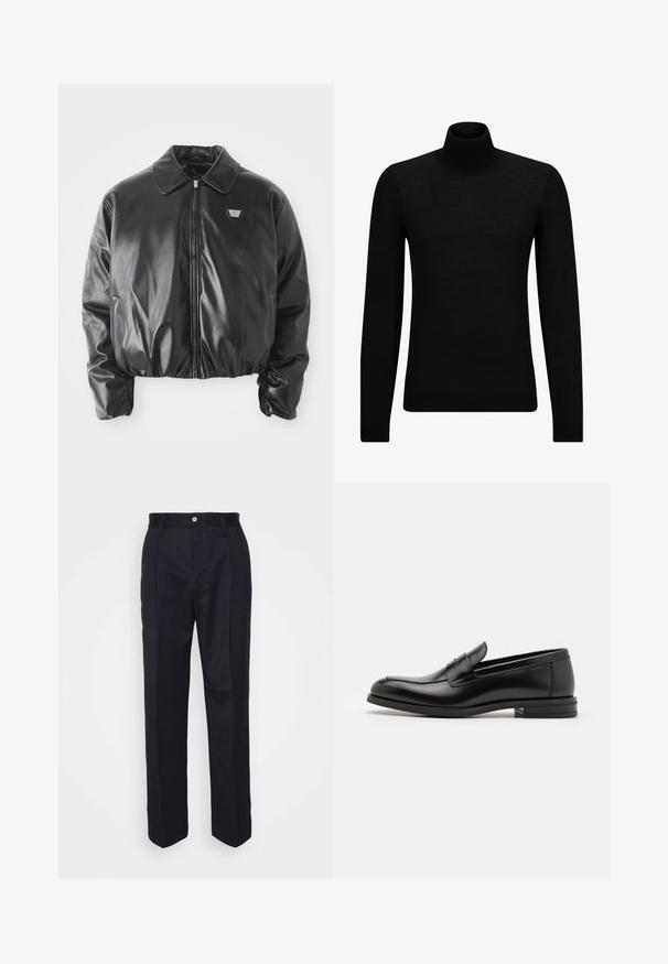 Black faux leather bomber jacket with front zipper, chest logo patch, elasticated hem and cuffs, and classic collar on white background.; Black turtleneck sweater made of soft material, featuring long sleeves and a snug fit. Ribbed trim at the hem and cuffs. Simple design.; Black tailored trousers with a straight-leg design, made of smooth fabric, featuring a front button closure and two side pockets.; Black leather loafers with a smooth texture, rounded toe, and a decorative strap across the vamp. Low stacked heel, minimalist design.