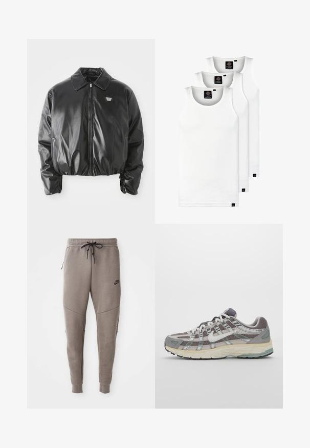 Jachetă bomber din piele ecologică neagră, cu fermoar frontal, patch cu logo pe piept, tiv și manșete elastice, și guler clasic, pe fundal alb.; Trei maieuri albe ribbate din bumbac. Au un guler rotund și etichete negre mici lângă tiv. Disponibile în mai multe mărimi.; Pantaloni de trening gri Nike cu un braț de strângere la talie, picioare conice, buzunare laterale și detalii de cusătură distincte. Material moale, texturat.; Pantofii sport gri sunt realizați dintr-un amestec de plasă și piele întoarsă, cu accente albe, o talpă bine îmbrăcată și un design distinctiv cu elemente reflectorizante.