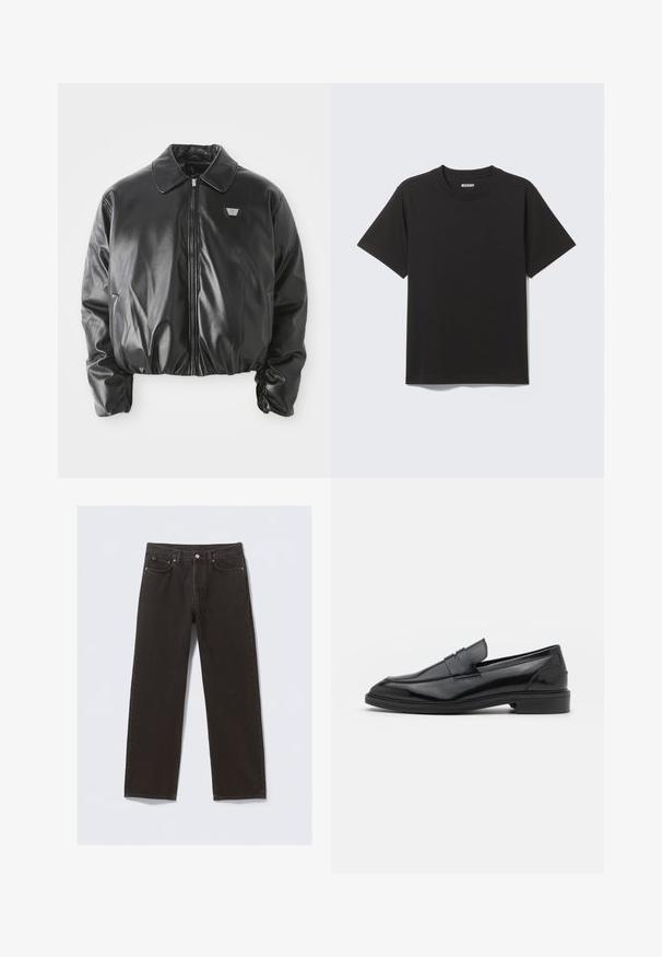 Black faux leather bomber jacket with front zipper, chest logo patch, elasticated hem and cuffs, and classic collar on white background.; Black short-sleeve T-shirt made of soft cotton, featuring a round neckline and simple design without patterns or accents.; Black denim jeans with a straight-leg design, five pockets, and copper-colored stitching. Smooth texture, classic button closure at the waist.; Black leather loafers with a smooth finish, featuring a rounded toe and a narrow band across the upper. Low stacked heel.