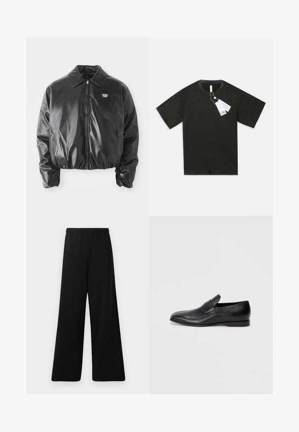 Μαύρο μπουφάν από τεχνητό δέρμα τύπου bomber με κλείσιμο μπροστά με φερμουάρ, λογότυπο στη θήκη του στήθους, ελαστικό τελείωμα και μανσέτες, και κλασικό γιακά σε λευκό φόντο.; Μαύρο κοντομάνικο βαμβακερό T-shirt με στρογγυλή λαιμόκοψη και επικολλημένες λευκές ετικέτες προϊόντος κρεμασμένες από το γιακά, σε λευκό φόντο.; Μαύρο παντελόνι φαρδιάς γραμμής, κατασκευασμένο από μαλακό ύφασμα. Διαθέτει ελαστική μέση, λεία υφή και απλό, μοντέρνο σχέδιο χωρίς σχέδια.; Μαύρο δερμάτινο παπούτσι με λείο μέλος και μυτερή μύτη, ομαλή υφή και διακριτική σήμανση στο πλάι. Χαμηλός τακούνι με καθαρό, μινιμαλιστικό σχέδιο.