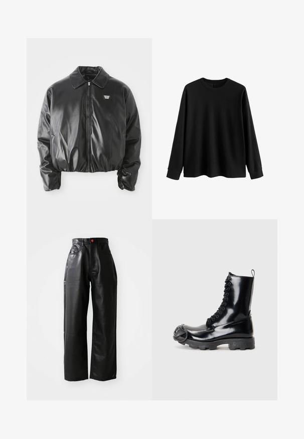 Schwarze Fake-Leder-Bomberjacke mit Frontreißverschluss, Logo-Patch auf der Brust, elastischem Saum und Bündchen sowie klassischem Kragen auf weißem Hintergrund.; Schwarzer Pullover mit langen Ärmeln aus weichem Stoff, runder Ausschnitt, lockere Passform und gerippte Bündchen. Minimalistisches Design, keine zusätzlichen Muster.; Schwarze Fake-Leder-Hosen mit weitem Bein und hoher Taille, sichtbaren Taschen und einem roten Knopfakzent, die eine glatte, glänzende Textur aufweisen.; Schwarze Lackleder-Kampfstiefel mit glänzender Oberfläche, Schnürdesign, dicke Gummisohle und markantem Front-Hardware-Detail.
