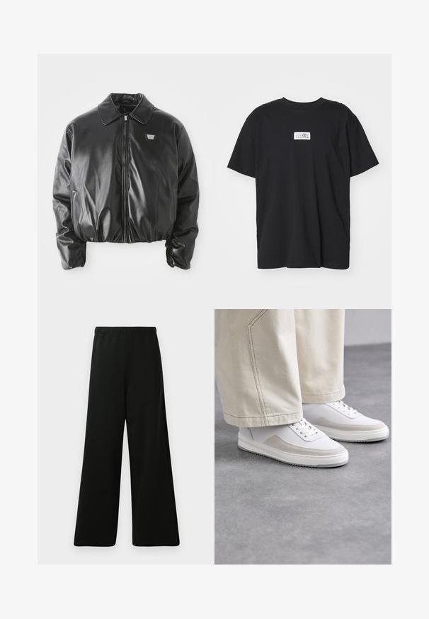 Giubbotto bomber in ecopelle nera con zip frontale, toppa del logo sul petto, orlo ed elastici alle maniche, e colletto classico su sfondo bianco.; T-shirt nera in cotone con scollo rotondo, maniche corte e un'etichetta bianca rettangolare con numeri e un design grafico.; Pantaloni neri a gamba larga realizzati in un tessuto morbido. Presentano una vita elastica, una texture liscia e un design semplice e moderno senza motivi.; Sneakers bianchi con tomaia in pelle liscia, dettagli in suede beige, lacci piatti e suola in gomma testurizzata, abbinate a pantaloni larghi di colore chiaro.