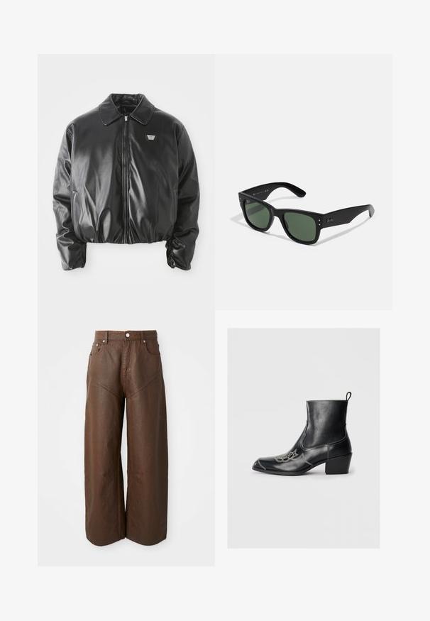 Zwarte faux leren bomberjack met een voorrits, logo-patch op de borst, elastische zoom en manchetten, en een klassieke kraag op een witte achtergrond.; Lange mouwen, geribbelde top in donkergroen, met een ronde halslijn en rechte zoom. Gemaakt van zachte stof, met minimale naden en geen zichtbare patronen.; Elegante bruine leren broek met wijde pijpen, vijf zakken en knoopsluiting, weergegeven op een effen witte achtergrond.; Zwarte leren enkellaarzen met een vierkante neus, decoratieve stiksels en een lage blokhak. Voorzien van een trekband voor eenvoudig aan- en uittrekken.; Zwarte rechthoekige zonnebril met groene lenzen, matte afwerking, subtiele hardwareaccenten en een gegraveerd logo op de slaap.