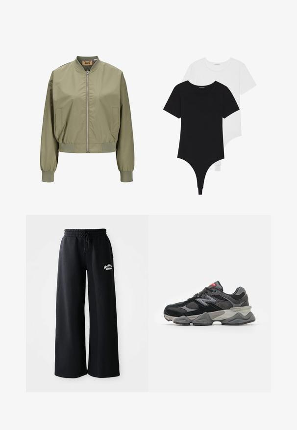 Olivgrüne Bomberjacke mit einem Frontreißverschluss, elastischen Bündchen und einem verkürzten Design. Hergestellt aus glattem, leichtem Material mit Seitentaschen.; Schwarz-weiße kurzärmelige Bodysuits mit Rundhalsausschnitten und Tanga-Style, aus glattem, dehnbarem Stoff gefertigt.; Schwarze, weite Sweatpants mit einem Kordelzugbund. Merkmale sind gestickte Texte auf der linken Seite, gefertigt aus weichem Baumwoll-Materialmix.; Schwarzer und grauer Sneaker mit einer Kombination aus Wildleder und Mesh-Materialien, dicker Sohle, ausgeprägtem Logo und roten Akzenten an der Zunge.