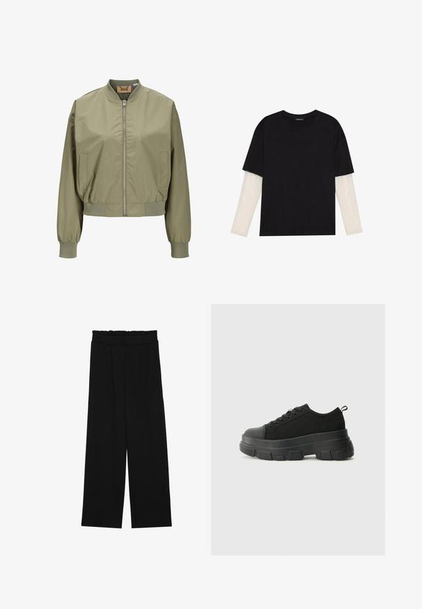 Olīvu zaļš bomberis ar priekšējo rāvējslēdzēju, elastīgām piedurknēm un īsu dizainu. Izgatavots no gludas, vieglas materiāla ar sānu kabatām.; Melna kokvilnas T-kreklu ar īsām piedurknēm, virs baltas garām piedurknēm ar smalku teksturētu rakstu. Apaļas kakla izgriezuma dizains.; Melnas platās bikses ar volangām jostasvietā, ar divām sānu kabatām un gludu, vieglu audumu. Nav redzamu rakstu vai aksesuāru.; Melnas kedas ar masīvu gumijas zoli, teksturētu auduma augšdaļu, apaļu purngalu un saistīšanas dizainu. Iekļautas pastiprinātas acs atveres un aizmugurējais cilpiņas siksniņa.
