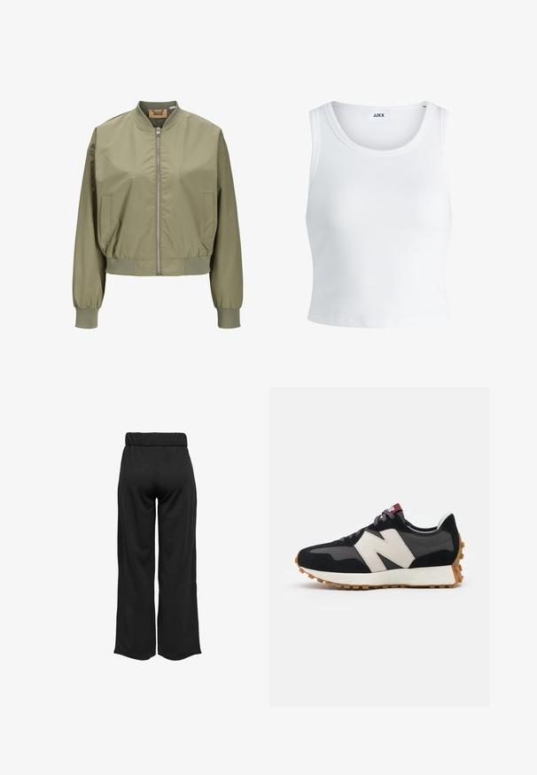 Olive green bomber jacket with a front zipper, elastic cuffs, and a cropped design. Made of smooth, lightweight material with side pockets.; White ribbed tank top featuring a round neckline, sleeveless design, and a cropped length. Label reads "JJXX." Smooth fabric texture.; Black, wide-leg pants with an elastic waistband, made from smooth fabric. Features a clean design with no pockets or visible stitching details.; Black and gray suede sneaker with a large cream-colored "N" logo, purple laces, and a textured gum rubber outsole.