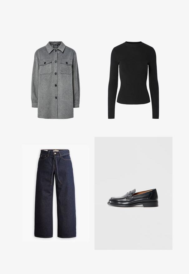 Hallhalli, nööpidega särk-jakk, mis on valmistatud pehmest villasegust, klassikalise krae, kahe rinnatasku ja mustade nööpidega.; Mustast ridvilist pikkade varrukatega kampsun ümar kaelusega ja kohandatud siluetiga, mille kogu pind on ühtlase tekstuuriga.; Laiad joped tumeda sinise denimi ja kõrge taljega, millel on paela kinni tõmbamise võimalus, viis taskut ja kontrastsete õmblustega detailid.; Mustad mustad nahast mokassiinid ümarate varvastega, tikandite ja siledaga tekstuuriga. Omab madalat kontsa ja libisemisvõimet.