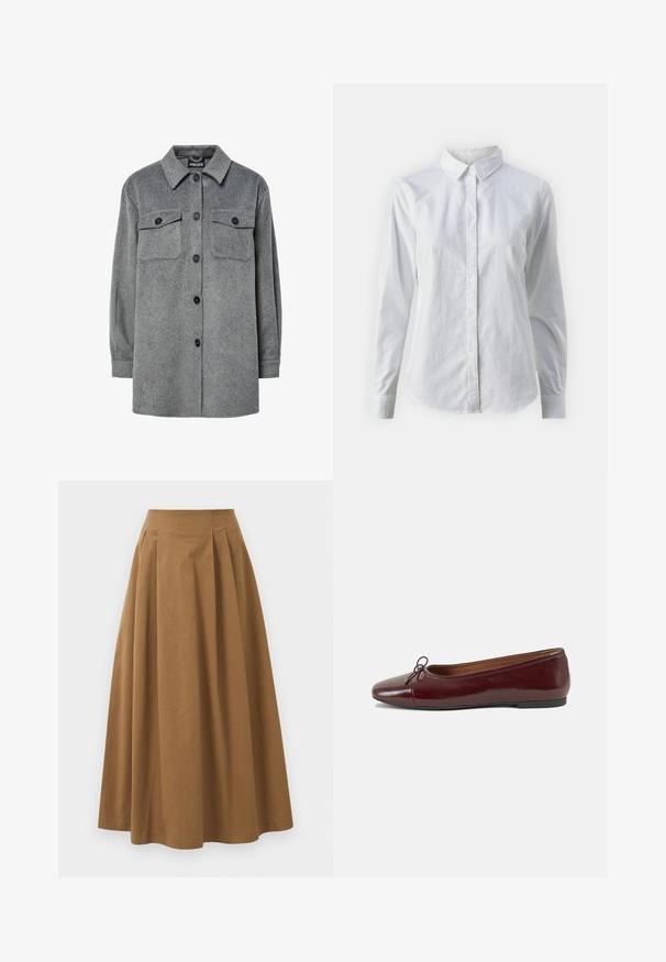 Grå, knappet skjortejakke laget av myk ullblanding, med klassisk krage, to brystlommer og svarte knapper.; Hvit skjorte med knapper laget av glatt bomull, med klassisk krage, lange ermer og buet skjær. Knapper er små og hvite.; Brun bomull A-linje skjørt med høy midje, med folder foran og en jevn tekstur. Kantene er rene og enkle.; Burgunderrød lakk lær ballettleilighet med rund tå, liten sløyfe foran og en lav, svart gummisåle. Glatt tekstur.