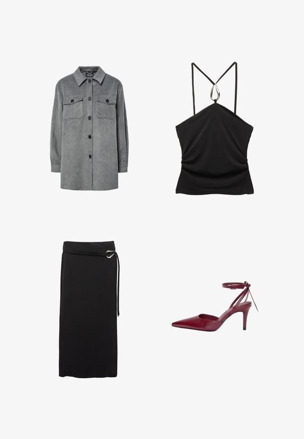 Jachetă gri din lână moale, cu nasturi, având guler clasic, două buzunare pe piept și nasturi negri.; Top negru fără mâneci, cu decolteu în V și bretele subțiri, având un accent argintiu în formă de picătură la decolteu și o textură plisată în față.; Fustă midi neagră, dintr-un material neted. Prezintă un design minimalist, un curea cu inel metalic și o talie înaltă.; Pantof burgundy din piele, cu toc înalt, vârful ascuțit, laterale deschise și bareta la gleznă. Prezintă un design elegant și o textura netedă.