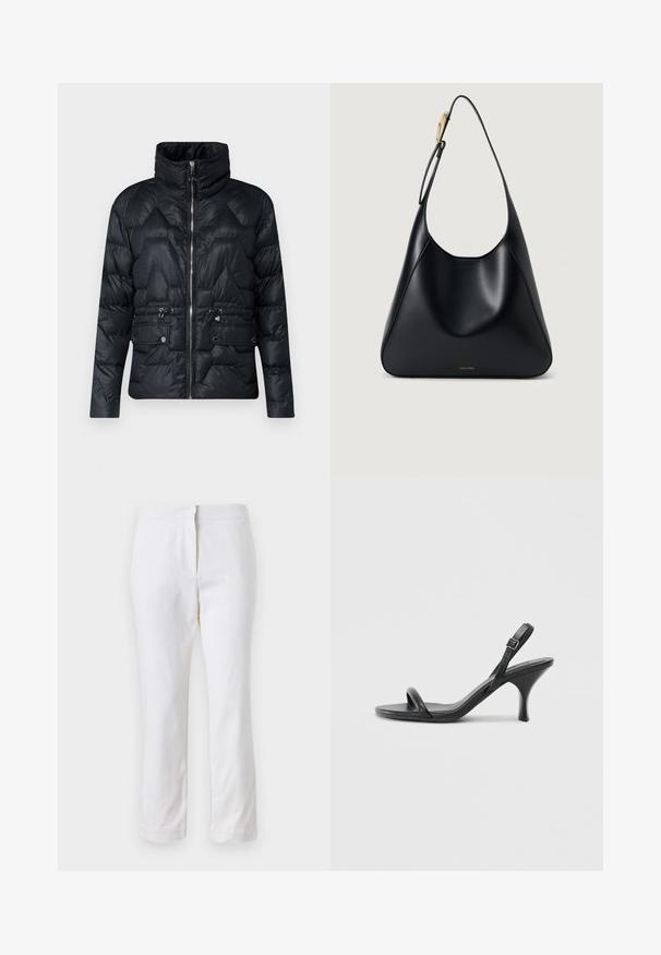 Crni pufasti jakna s visokim ovratnikom, zatvaranjem na zip, i dvije prednje džepove sa dugmadi na kopčanje. Dijamantno prošiveni dizajn, sjajna tekstura.; Bijeli skraćeni T-shirt, široke kratke rukave, mekani pamučni materijal, okrugli izrez s suptilnim narančastim detaljem, minimalistički dizajn, bez uzoraka ili grafika.; Bijele pamučne hlače ravnog kroja, sa strukom srednje visine i bez vidljivih metalnih dijelova ili uzoraka. Glatka tekstura kroz cijelu dužinu.; Crne kožne sandale na visoku petu s tankom, zakrivljenom petom i dizajnom prekriženih traka. Podesiva traka oko gležnja. Glatka tekstura.; Crna kožna torba za rame s glatkom teksturom, zakrivljenim siluetom i zlatnim detaljima. Ima utisnutu oznaku branda na dnu.
