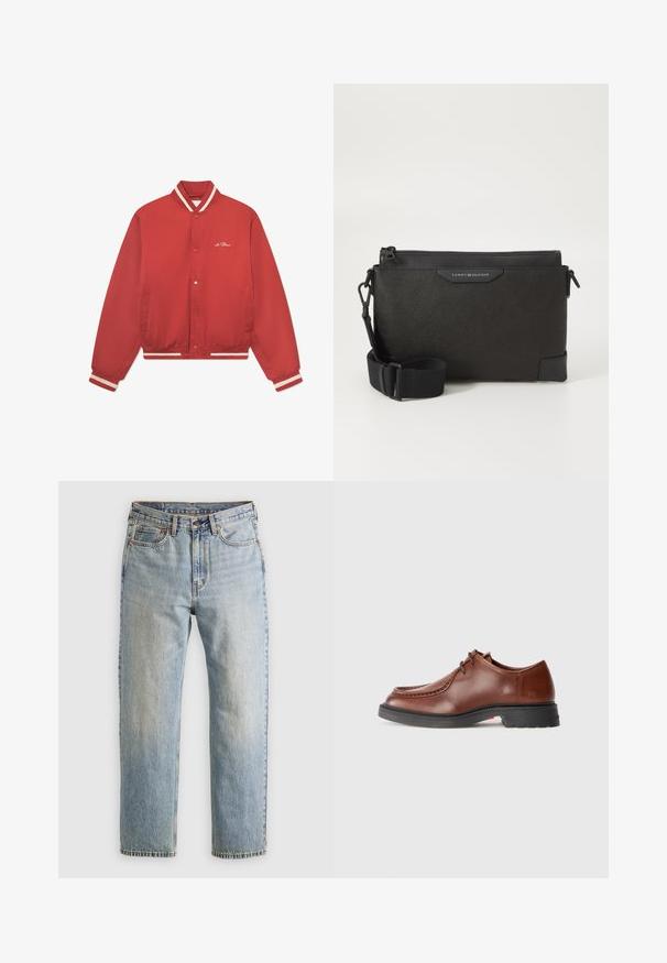 Sarkans bumbieru jaka, izgatavota no gludas auduma, ar svītrainu apkakli, baltām akcentiem, pogām ar spiedpogu un sānu kabatām.; Burgundijas garās piedurknes krekls, kas izgatavots no kokvilnas, ar pogu piegriezumu, priekšējo pogu aizdari un mazu logo uz krūšu.; Gai zila denima bikses ar augstu jostasvietu, priekšējo pogu, rāvējslēdzēju un piecu kabatu dizainu, izlīdzinātas uz neitrāla fona.; Brūni ādas uzvalka apavi ar noapaļotu purngalu, kontrastējošām šuvēm, saistīšanas dizainu un teksturētu melnu gumijas zoli.; Melna ādas krusts soma ar teksturētu apdari, aprīkota ar rāvējslēdzēja aizdari un regulējamu siksnu. Priekšpusē logo uzlīme. Taisnstūra forma.