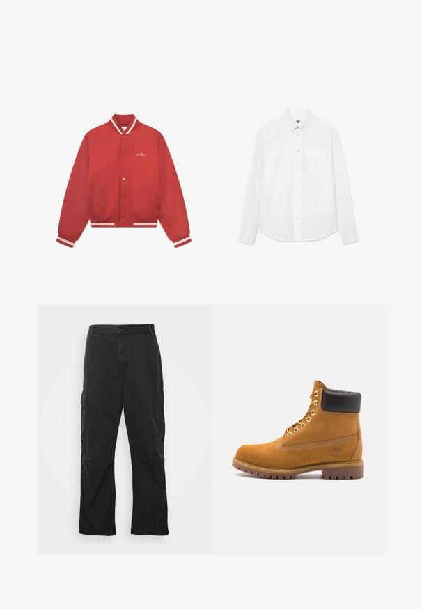 Czerwona kurtka bombowica wykonana z gładkiego materiału, z paskowanym kołnierzem, białymi akcentami, zatrzaskami oraz kieszeniami po bokach.; Biała koszula z długim rękawem, zapinana na guziki, z kołnierzykiem, przednią kieszenią i subtelną fakturą. Zapięcie z przodu zdobią guziki oraz mały detal z logo.; Czarne spodnie cargo z prostym krojem nogawki, z dwoma bocznymi kieszeniami, zapięciem na guzik i teksturowanym materiałem.; Beżowe zamszowe botki sięgające kostki z czarną wyściełaną krawędzią, złotymi oczkami, białymi detalami szycia oraz wytrzymałą gumową podeszwą z wyraźnym bieżnikiem.