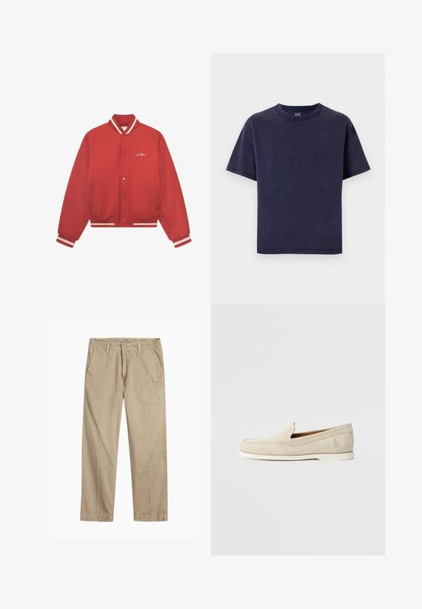Raudonas bombonešio švarkas, pagamintas iš lygaus audinio, su dryžuotu apykakle, baltais akcentais, užsegamais snap mygtukais ir šoninėmis kišenėmis.; Jūros mėlynos spalvos medvilninė marškinėliai su apvaliu iškirpimu, trumpomis rankovėmis ir laisvu siluetu. Turi vientisą spalvą ir jokios matomos raštos ar akcentai.; Bežiniai tiesaus kirpimo chinos kelnės su diržo kilputėmis, priekyje esančia mygtuko ir užtrauktuko uždarymo sistema, bei šoninėmis kišenėmis.; Polo Ralph Lauren MERTON VENETIAN LOAFER - Mokasinai - milkshake