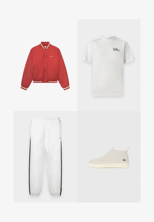 Veste bomber rouge en tissu lisse, dotée d'un col rayé, d'accents blancs, de boutons-pression et de poches latérales.; T-shirt en coton blanc avec un col rond, des manches courtes et un petit logo brodé représentant des montagnes et un texte sur le côté gauche de la poitrine.; Pantalons de sport blancs avec des panneaux latéraux vert foncé. Tissu léger, taille élastique et ourlets côtelés. Présente une texture en maille sur les panneaux latéraux.; Bottines en suède gris clair avec un bout rond, semelle en caoutchouc blanc et détail de logo subtil sur le côté. Elles présentent un système de laçage.