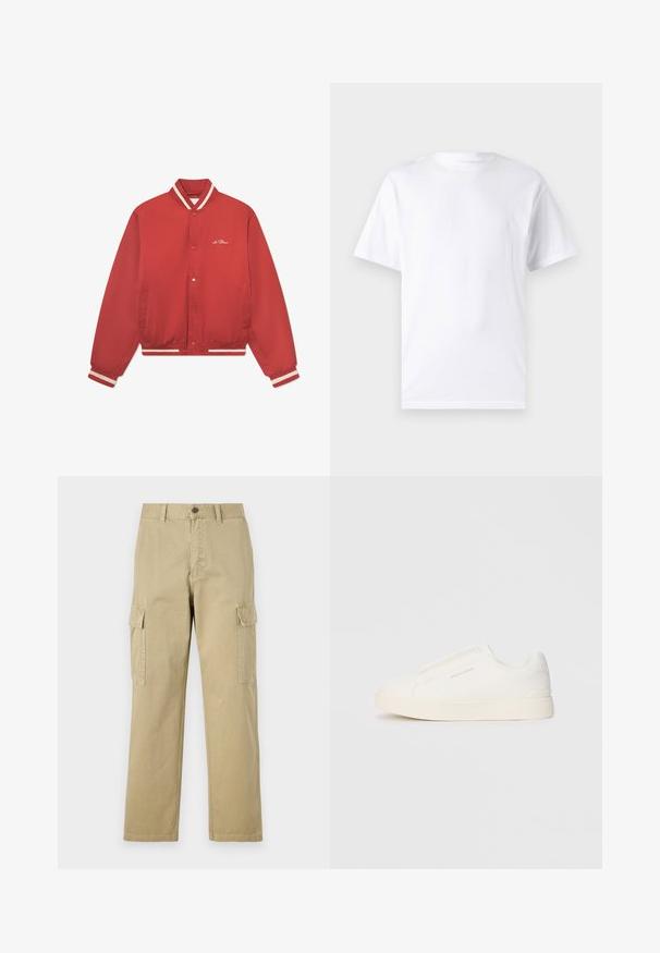 Raudonas bombonešio švarkas, pagamintas iš lygaus audinio, su dryžuotu apykakle, baltais akcentais, užsegamais snap mygtukais ir šoninėmis kišenėmis.; Baltas trumpas rankovės marškinėlis, pagamintas iš medvilnės, su apvaliu kaklu, pasižymintis lygiu paviršiumi ir paprastu dizainu be raštų ar akcentų.; Kreminės spalvos cargos kelnės, pagamintos iš medvilnės, su dviem šoninėmis kišenėmis, mygtukų užsegimu ir tiesiomis kojomis, šiek tiek tekstūruotu audiniu.; Baltos slip-on sportbačiai su tekstūruota paviršiumi, storesniu padu ir minimalistišku dizainu. Šone matosi prekės ženklo logotipas.