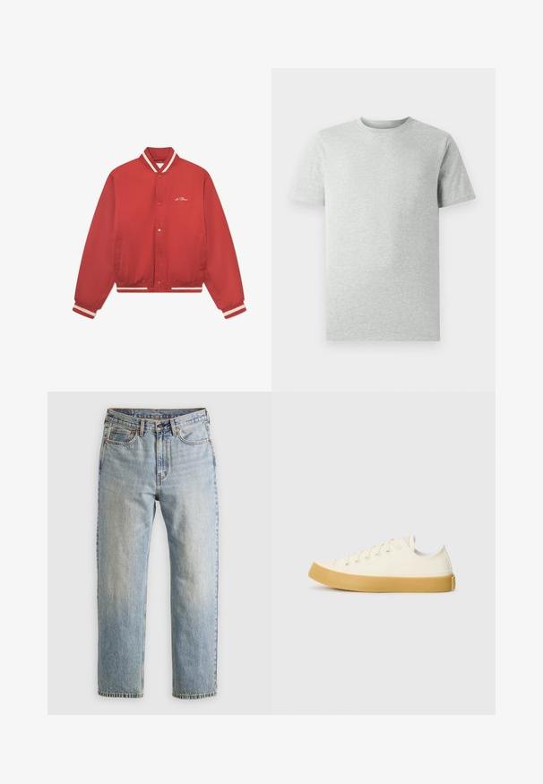 Rød bomberjakke lavet af glat stof, med en stribet krave, hvide detaljer, trykknapper og sidelommer.; En simpel lys grå kortærmet T-shirt med rund hals, vist på en hvid baggrund, set foran uden synlige logoer eller designs.; Lysblå denim jeans med høj talje, frontknap, lynlås og fem-lomme design, lagt fladt på en neutral baggrund.; Læder sneakers i off-white med rund tå, der har beige gummisåler og fem øjer til snørebånd, struktureret finish på overdelen.