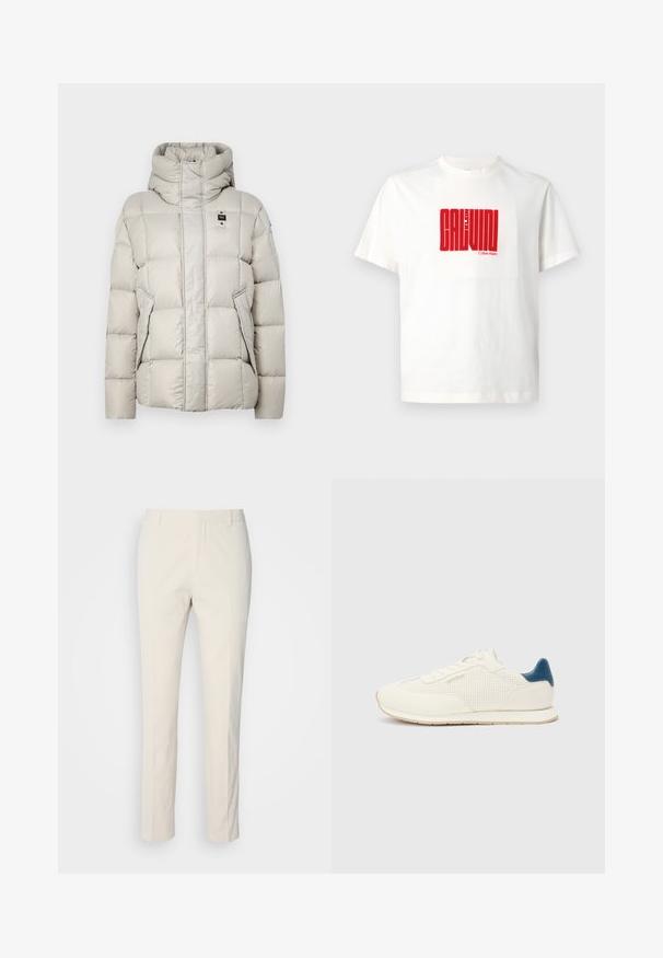 Blauer GLEN - Daunenjacke - grey; Weißes Baumwoll-T-Shirt mit einem großen roten Graf print von "CALVIN KLEIN" auf der Vorderseite, Rundhals und kurzen Ärmeln.; Creamfarbene, maßgeschneiderte Hose aus strukturiertem Stoff. Verfügt über ein gerades Bein-Design, Gürtelschlaufen und zwei Vorderaschen. Keine Muster.; Weiße Sportsneaker mit einer perforierten Textur, glattem Leder und einem kontrastierenden blauen Fersenakzent. Runde Kappe und flache Gummisohle.