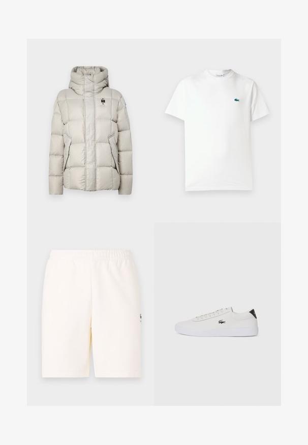 Blauer GLEN - Down jacket - grey; White cotton t-shirt featuring a crew neck, short sleeves, and a small green embroidered crocodile logo on the left chest.; Cream-colored shorts with an elastic waistband, made of soft fabric, featuring a small logo on the bottom left leg.; White leather sneaker with round toe, lace-up front, and black heel accent. Features a small embroidered crocodile logo on the side.