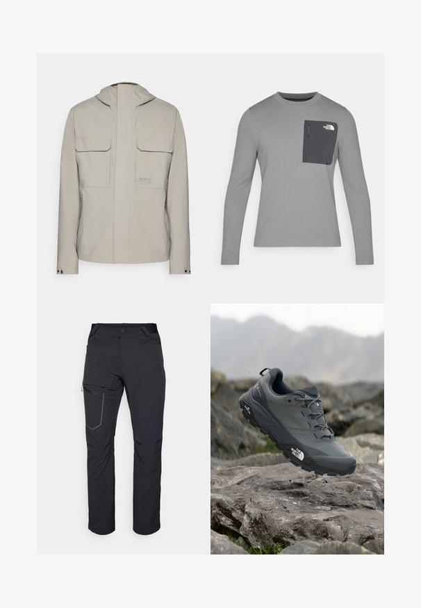 Világosszürke dzseki kapucnival, két elülső hajtókás zsebbel és cipzáras első zárással. Simább textúra minimalista dizájnnal és logóval kiemelve.; Hosszú ujjú szürke ing, texturált anyagból, sötétszürke mellzsebbel és cipzárral. A zsebén fehér logó található.; Fekete kültéri nadrág, cipzáras combzsebbel, rugalmas derékrésszel és sima, vízlepergető szövettel. Tiszta dizájn, látható logók nélkül.; Szürke terepfutó cipő, texturált felsőrésszel, tartós gumitalppal és megerősített orr résszel. Fekete fűzők és márka logó a cipő oldalán.