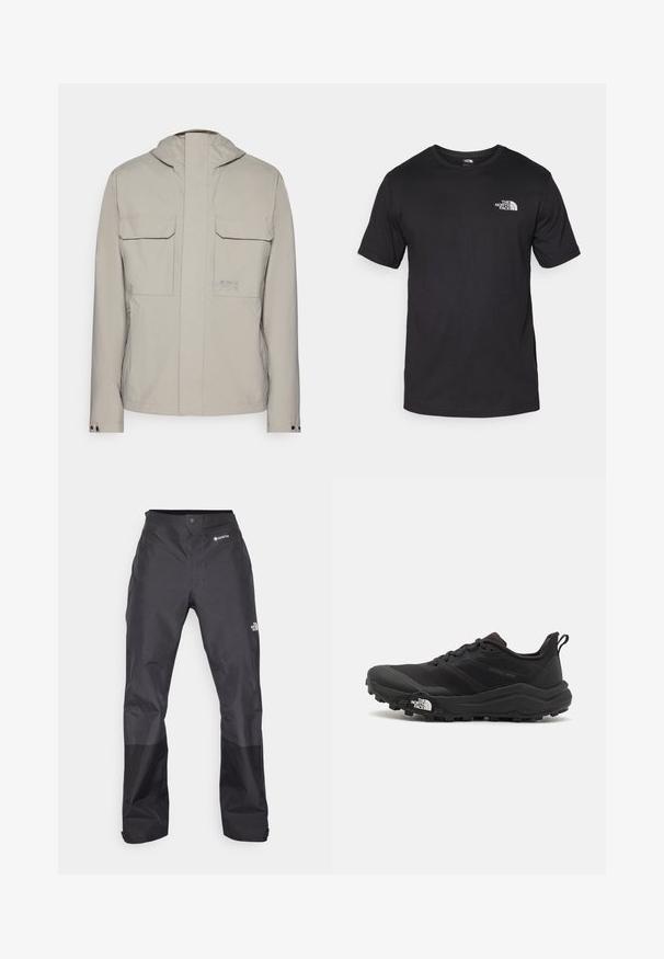 Šviesiai pilkas švarkas su kapišonu, dviem priekinėmis kišenėmis su viršutine anga ir užtrauktuku. Lygus paviršius su minimalizmo stiliumi ir logotipo akcentu.; Juodas trumpas rankovės marškinėliai, pagaminti iš medvilnės, su apvaliu kaklu ir mažu baltu logotipu viršutiniame kairiajame krūtinės kampe.; Juodos vandeniui atsparios kelnės su lygiu paviršiumi, su GORE-TEX logotipu priekyje ir sustiprintomis apačiomis dėl ilgaamžiškumo.; Juoda bėgimo batai su tekstūruotu paviršiumi, guma padais ir sustiprinta pirštų dalimi. Yra paminkštinta apykaklė ir kilpos, leidžiančios lengvai užsidėti.