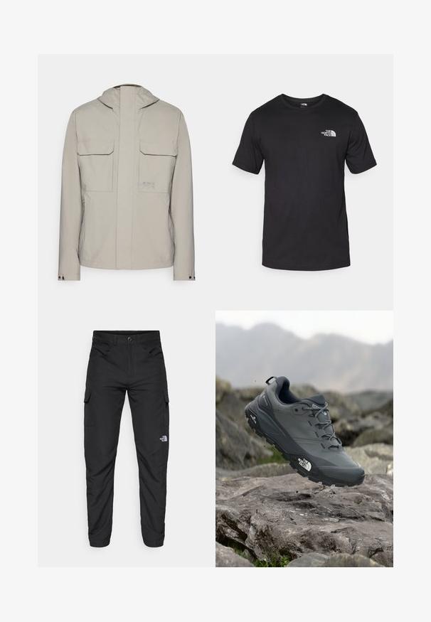 Šviesiai pilkas švarkas su kapišonu, dviem priekinėmis kišenėmis su viršutine anga ir užtrauktuku. Lygus paviršius su minimalizmo stiliumi ir logotipo akcentu.; Juodas trumpas rankovės marškinėliai, pagaminti iš medvilnės, su apvaliu kaklu ir mažu baltu logotipu viršutiniame kairiajame krūtinės kampe.; The North Face HORIZON PANT - Lauko kelnės - black; Pilkas bėgimo batelis su tekstūruota viršutine dalimi, tvirtu guminio pado ir sustiprinta nosimi. Turi raištelius ir prekės ženklo logotipą šone.